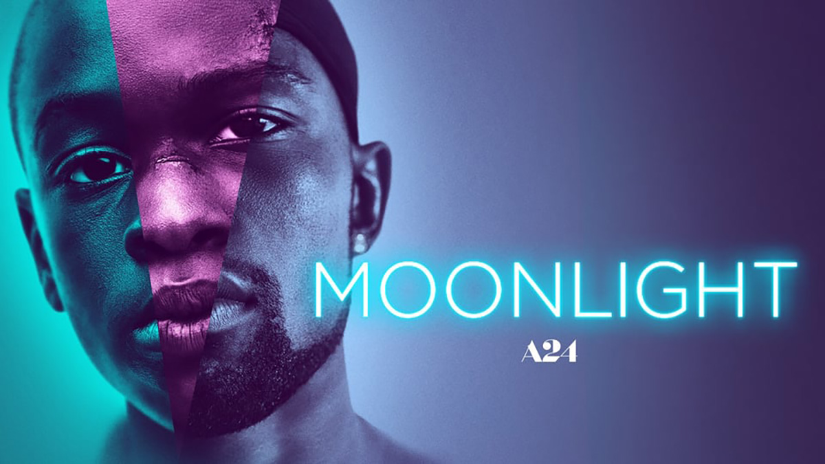 a close up of a young man's face overlayed with teal, purple, and blue, with the word Moonlight and A24 next to him
