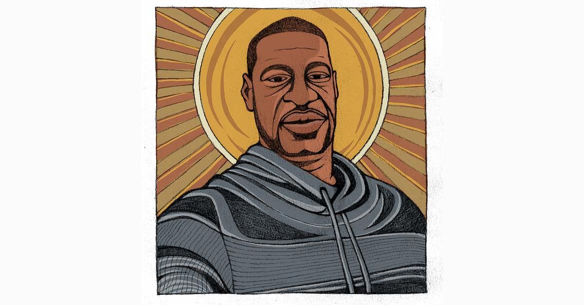 a portrait of George Floyd, in a gray sweatshirt, with a gold halo behind his head